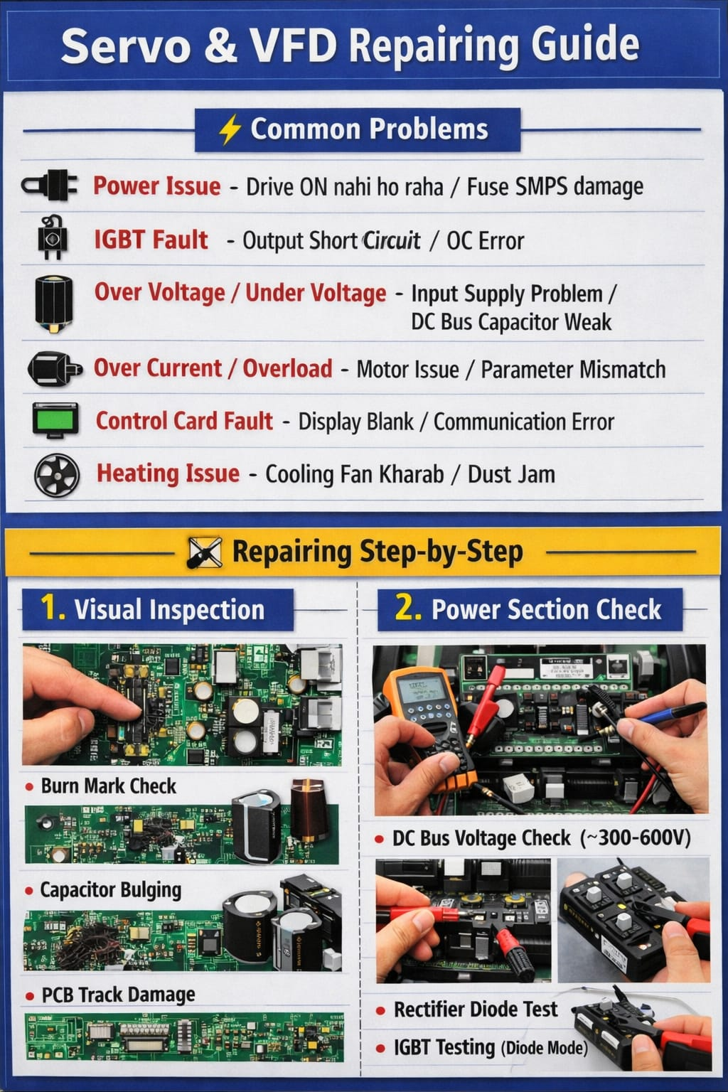 Technician using multimeter to test servo drive and VFD panel live